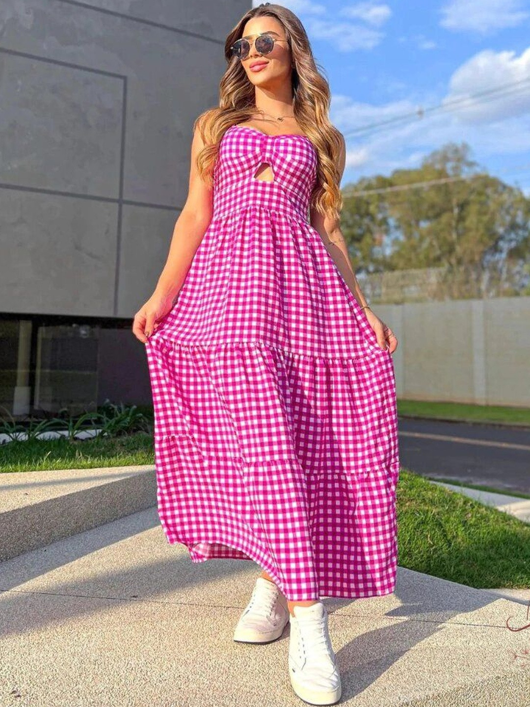 Burgstudio9 Checked Fit & Flare Maxi Dress