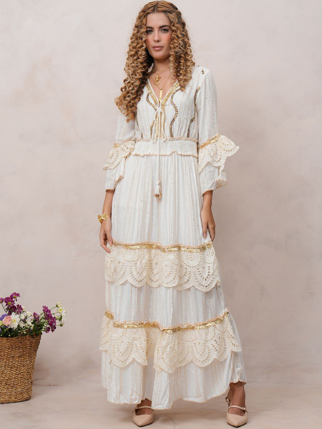 Zolo Label Womens Off White V-Neck Viscose Embroidered Maxi Dress