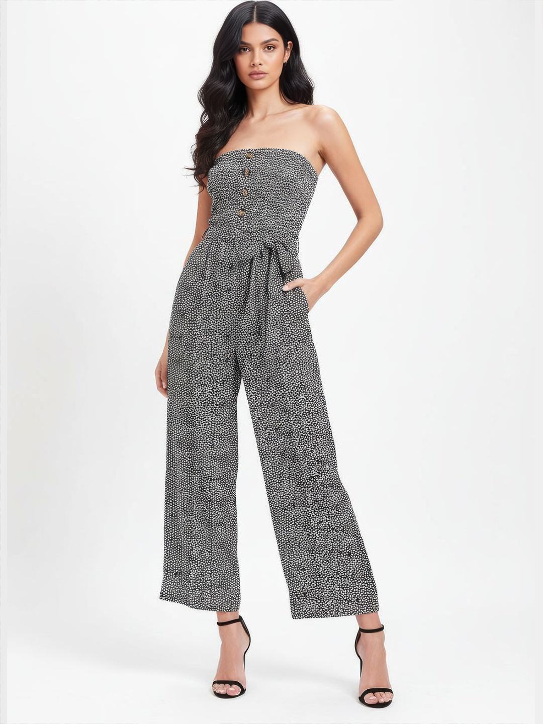 DressBerry Floral Printed Smocked Mock Buttons Strapless Jumpsuit with Belt