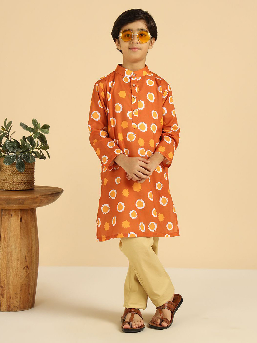 Bugandbees Boys Abstract Printed Band Collar Pure Cotton Straight Kurta