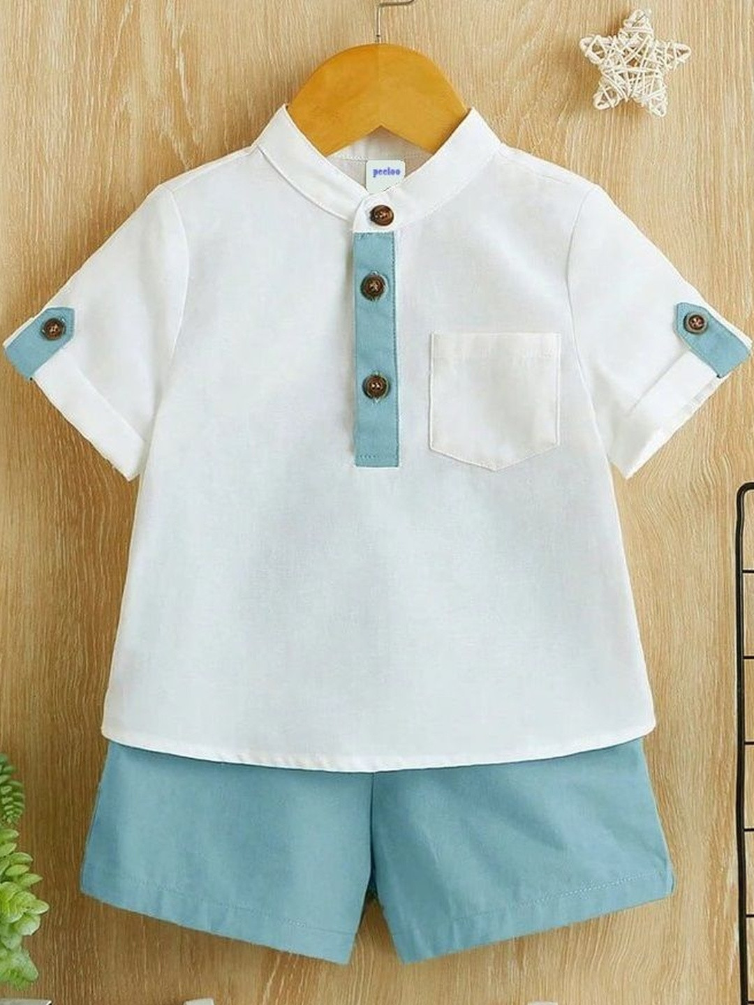 Fabfashion Kids White & Turquoise Blue Kurta with Shorts