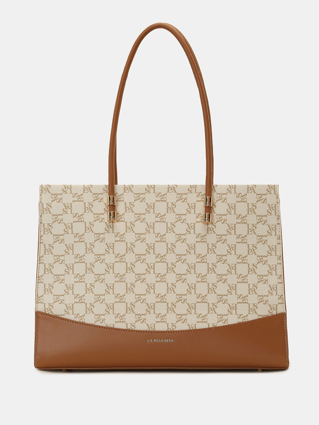 U.S. Polo Assn. Women Bella Beige Tote Bag with Monogram Print