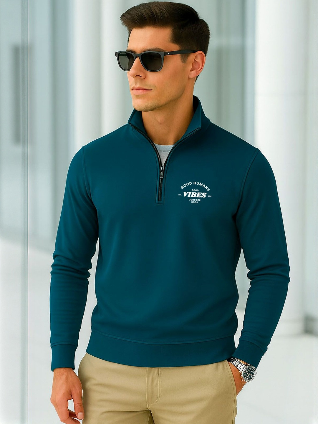 SZN Men Printed Zipper Stand Up Collar Sweatshirt