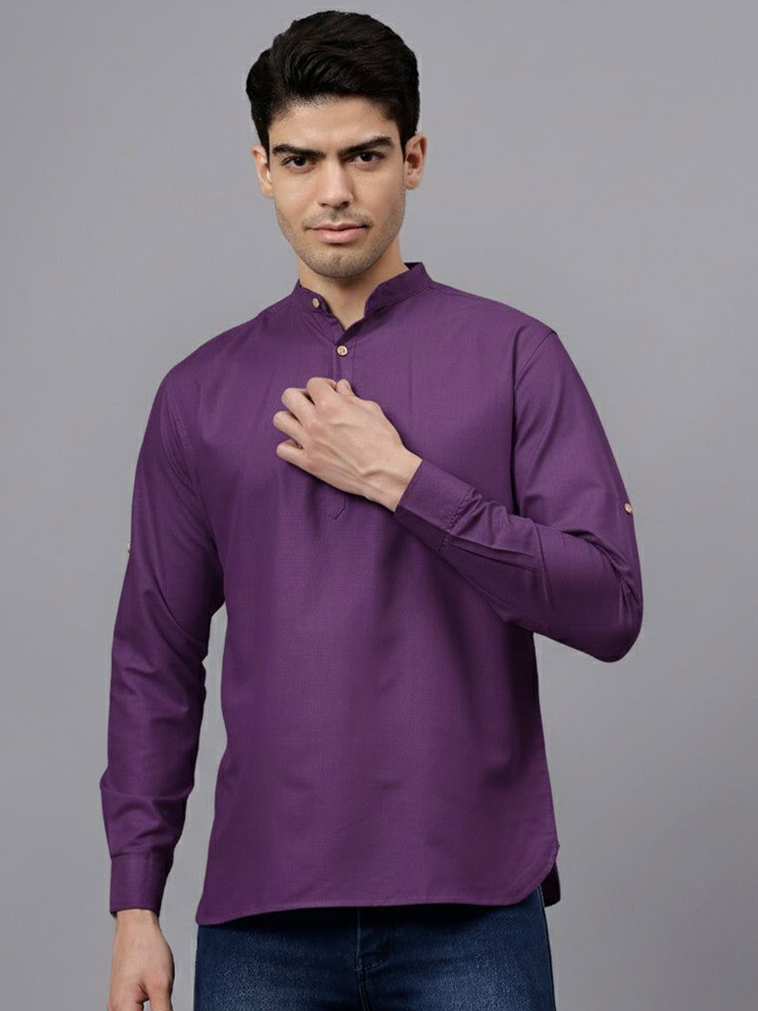 The Anchi Store Mandarin Collar Roll-Up Sleeves Cotton Kurta