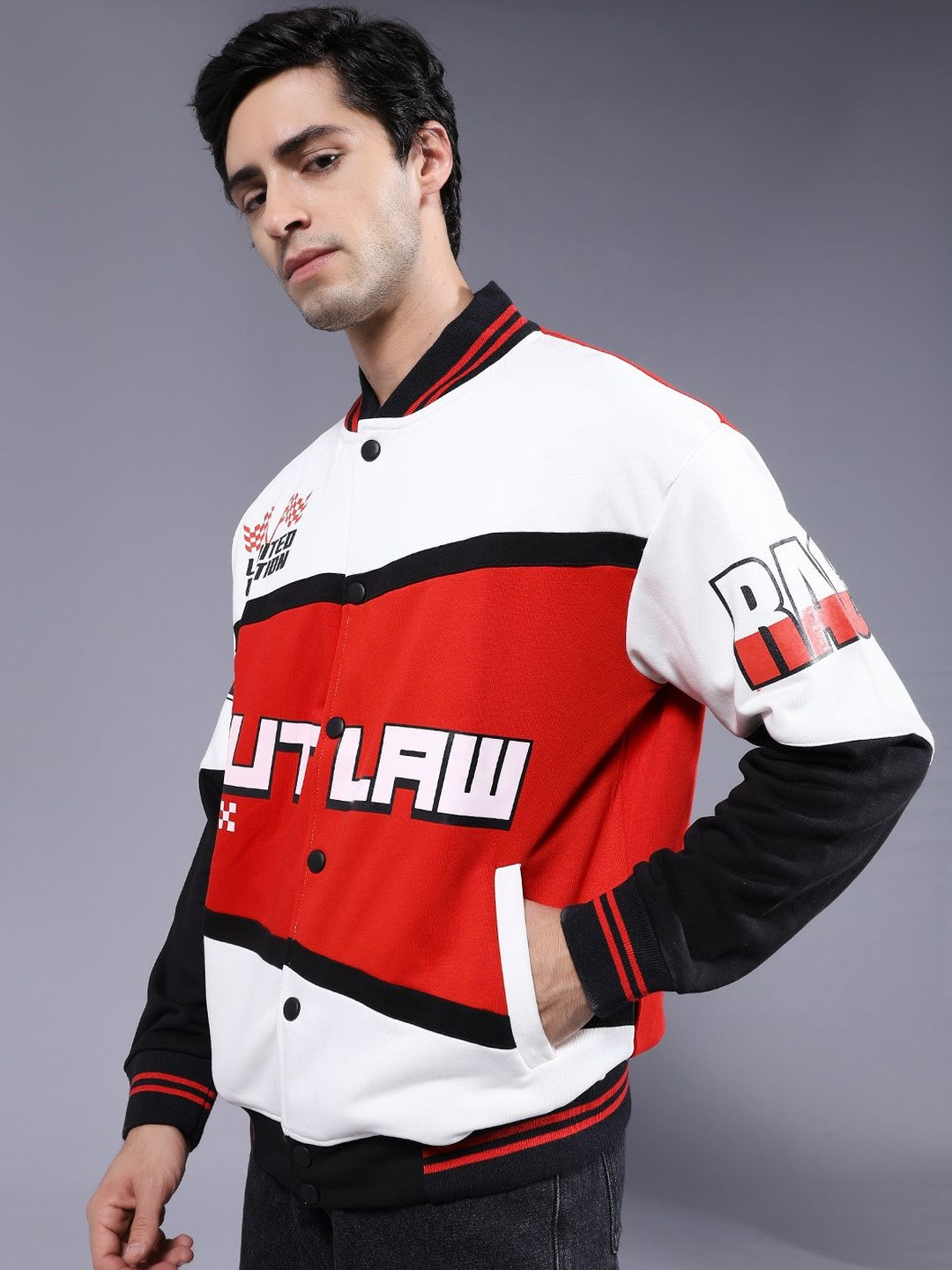 PRONK Men Graphic Printed Varsity Bomber Jacket