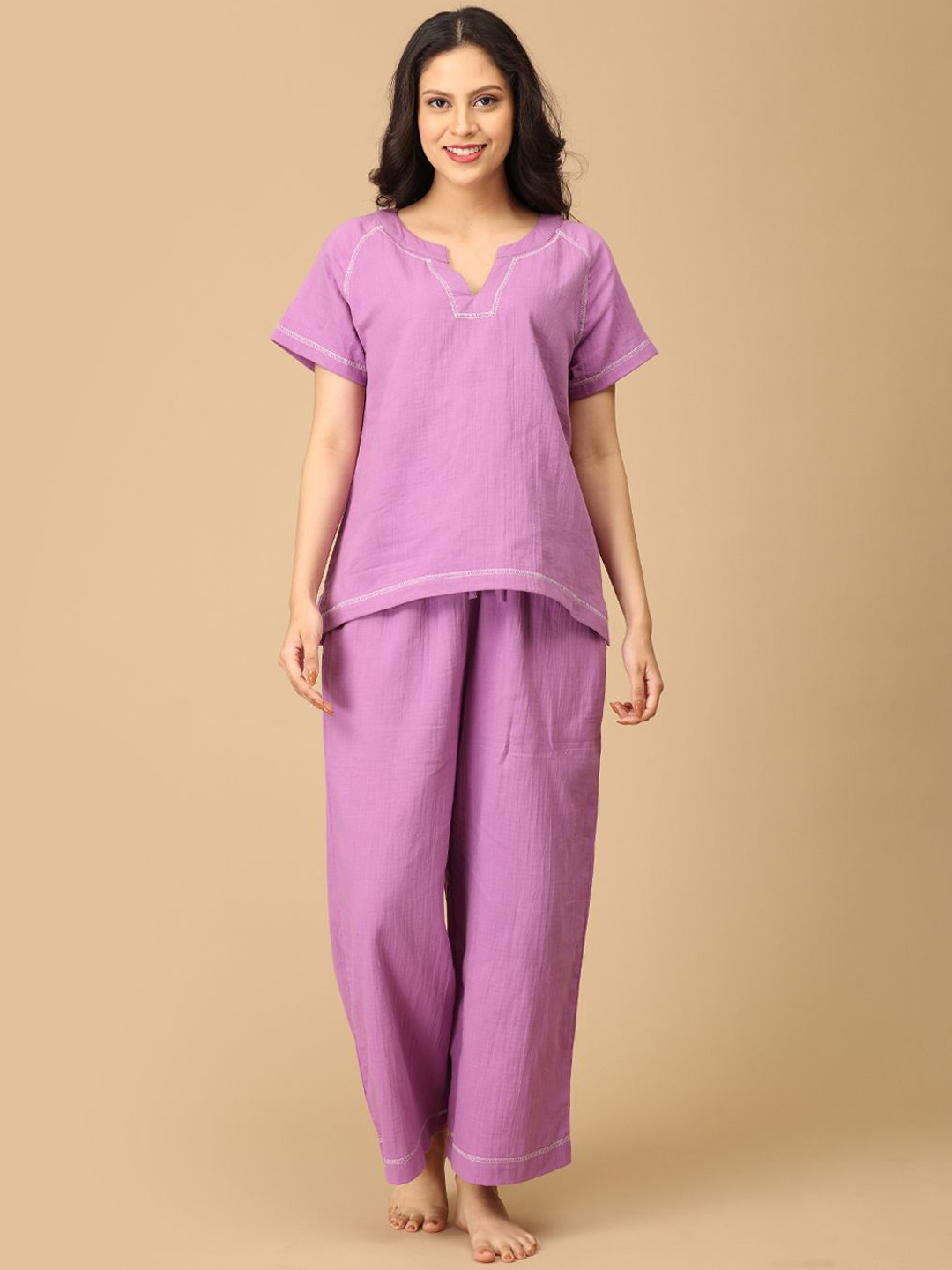 The Woman Store V-Neck Pure Cotton Top With Pyjamas