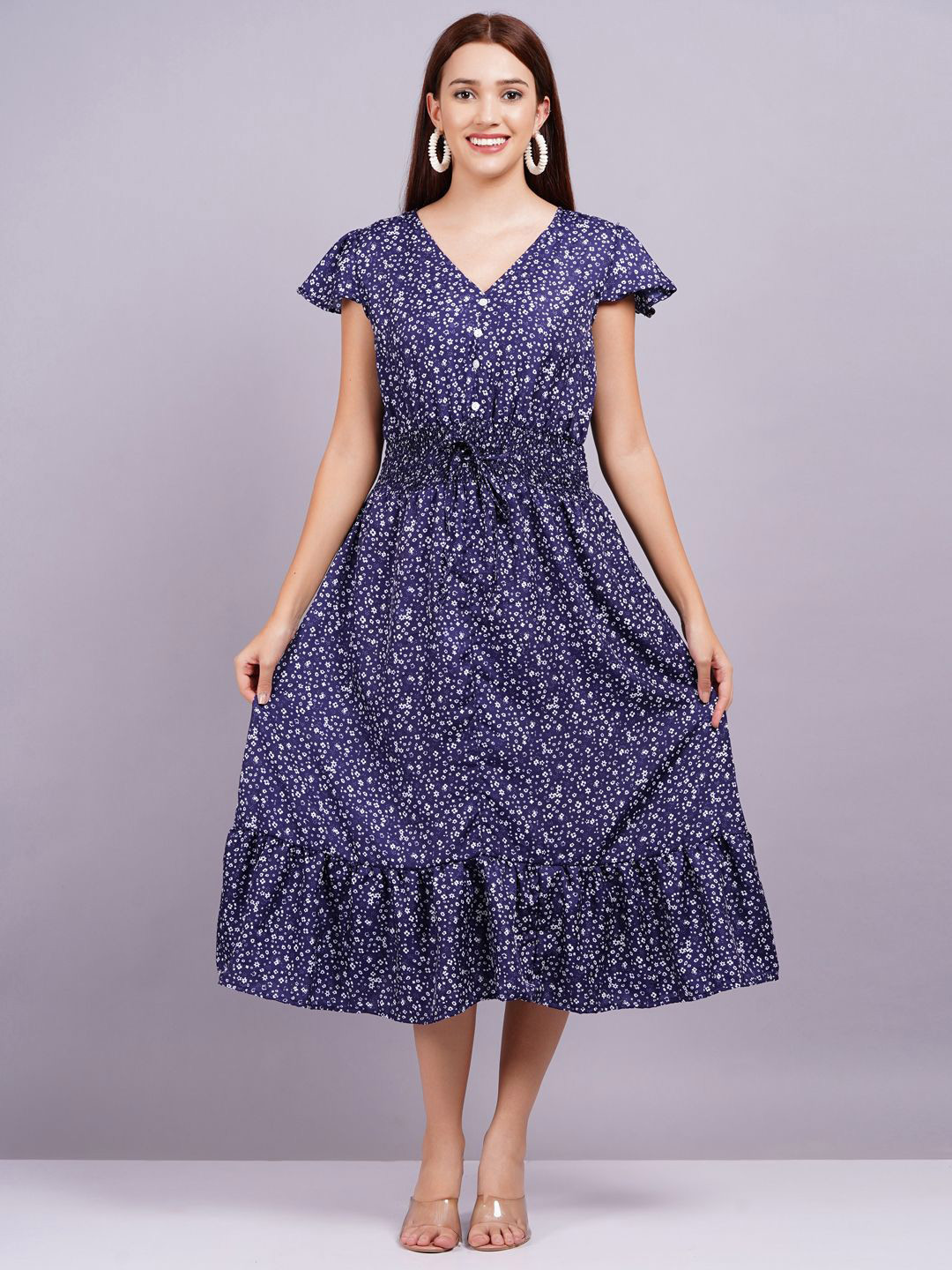 HIGHLIGHT FASHION EXPORT Micro Ditsy Printed Smocked Cap Sleeve  Fit & Flare Midi Dress