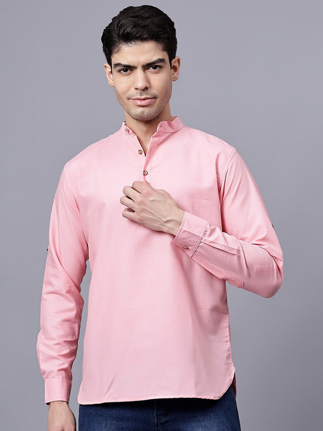 MOHINI CREATION Men Band Collar Roll-Up Sleeves Cotton Kurta