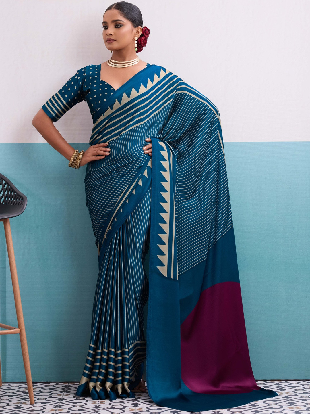 TIRA Satin Striped Printed Tussar Saree With Blouse Piece