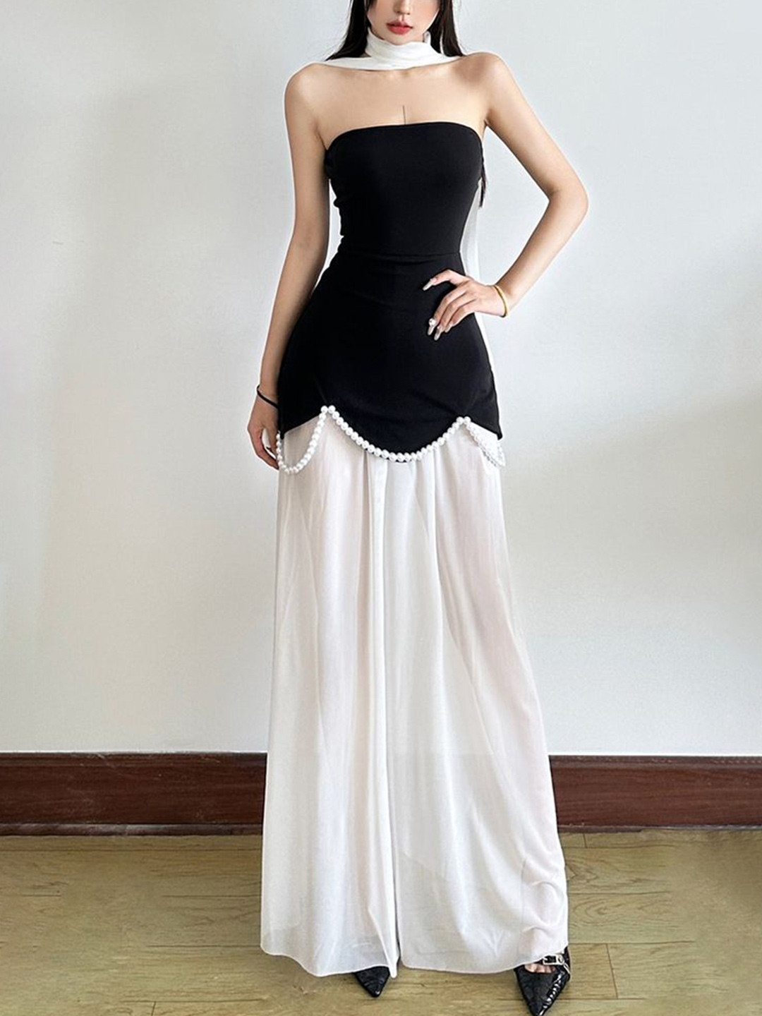 LULU & SKY Embellished Pearl Scallop Scarf Neck Maxi Dress