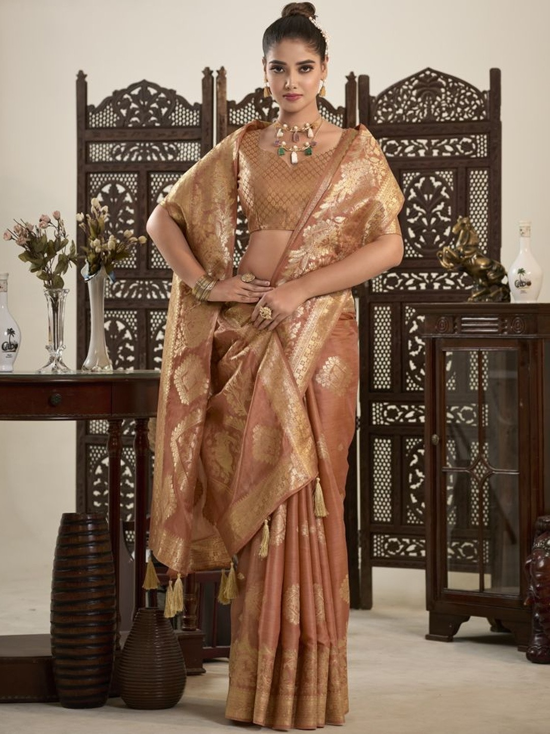 HERE&NOW Woven Design Pure Satin Saree With Unstiched Blouse Piece