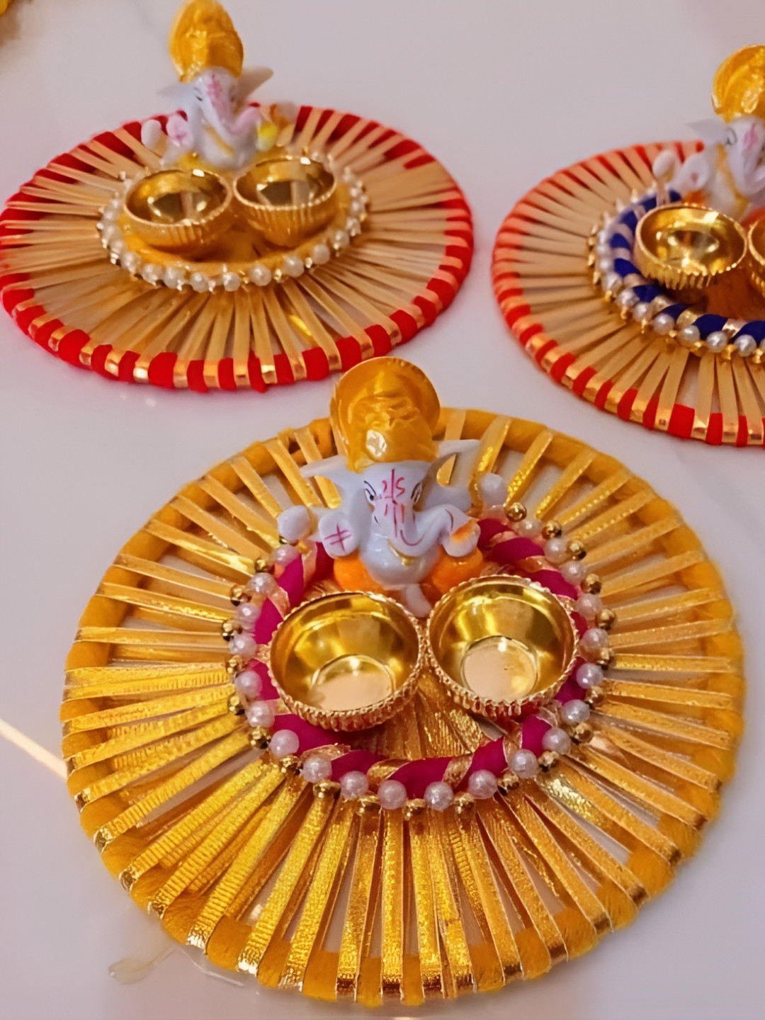 Sellplus 3Pcs Red & Yellow Ganesh Ji Roli Kumkum Holder Set