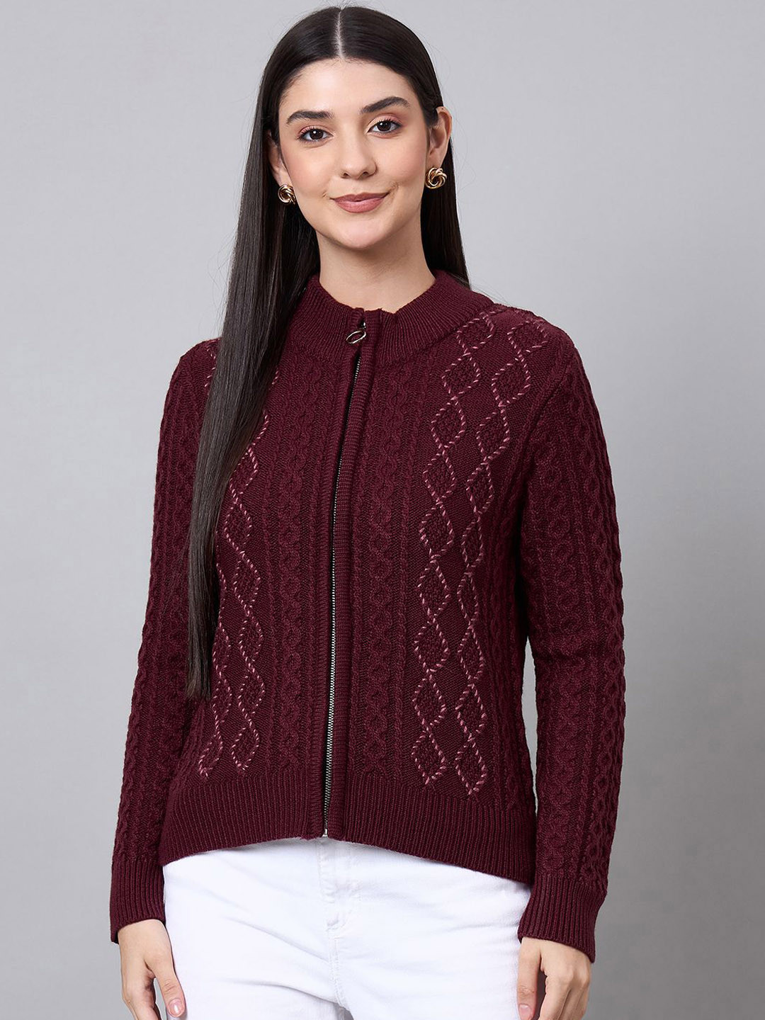 Spink Women Self Design Mock Collar Cardigan Sweaters