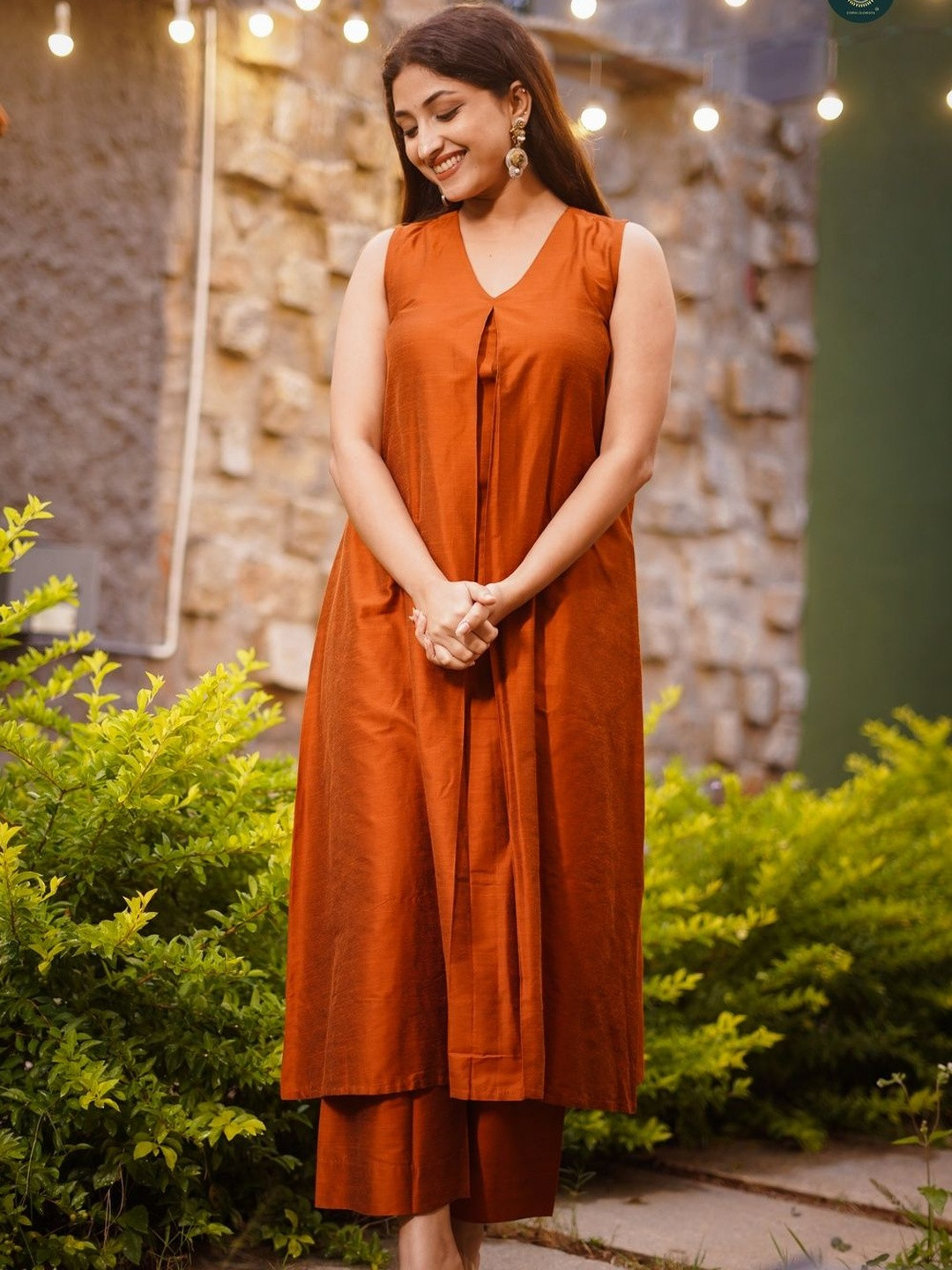 ETHNIC ELEMENTS Tiered V-Neck Pure Cotton Kurta With Trousers