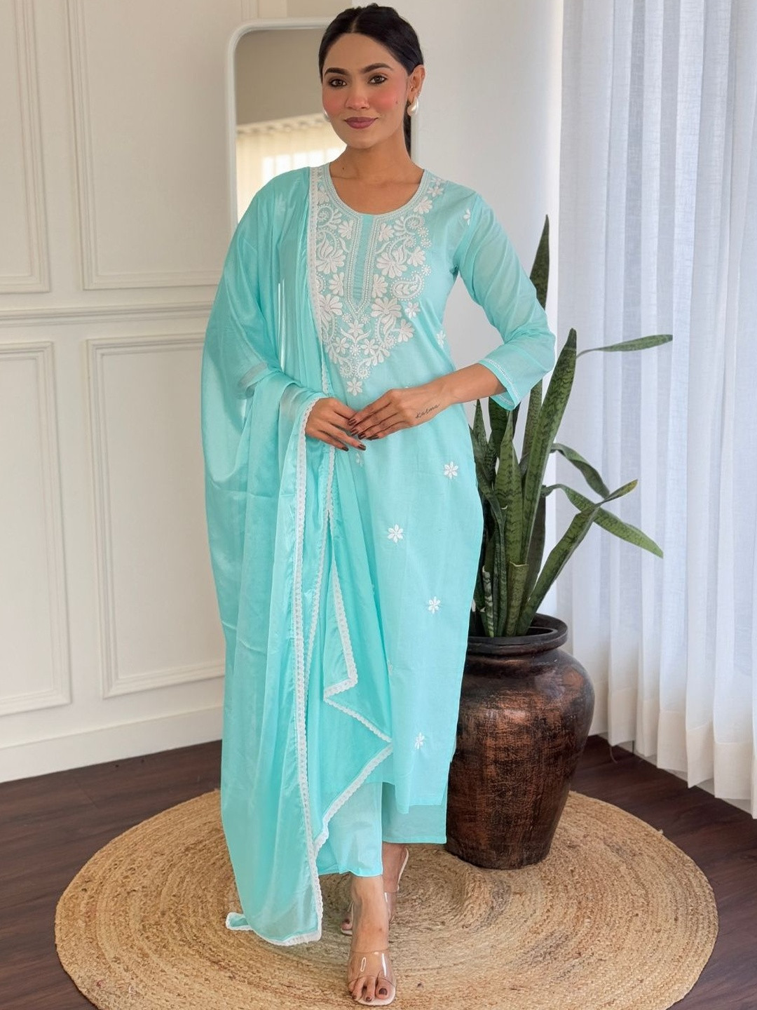 AG TEXTILE Women Ethnic Motifs Embroidered Regular Chikankari Chanderi Silk Kurta with Trousers & With