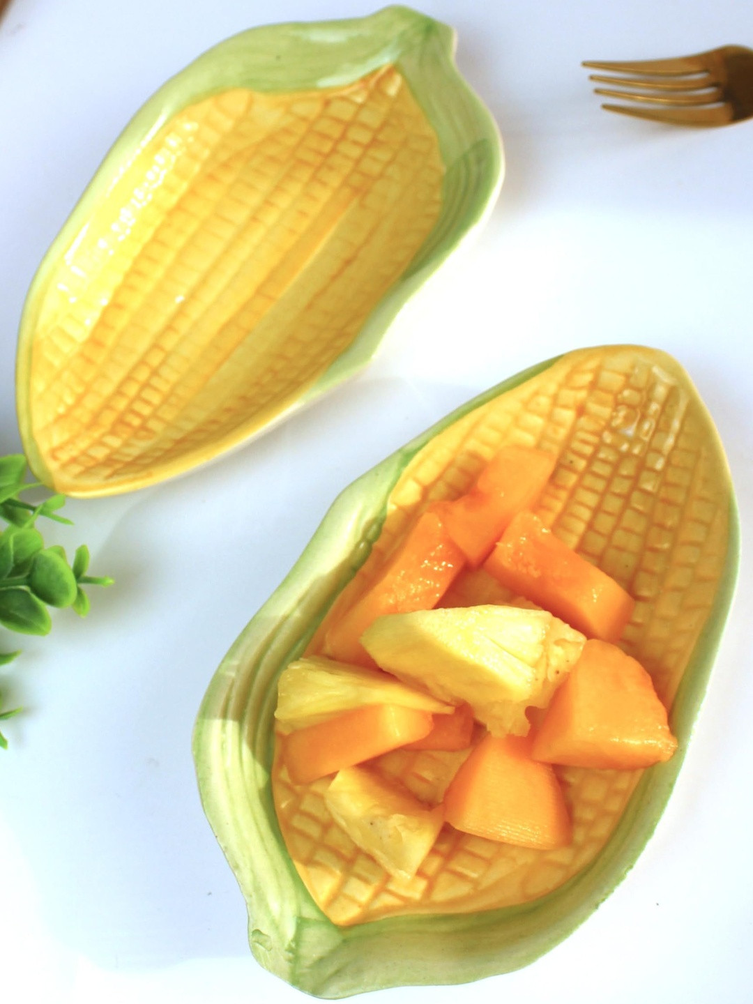 del hogar Yellow & Green 2 Pieces Corn Shaped Ceramic Plates