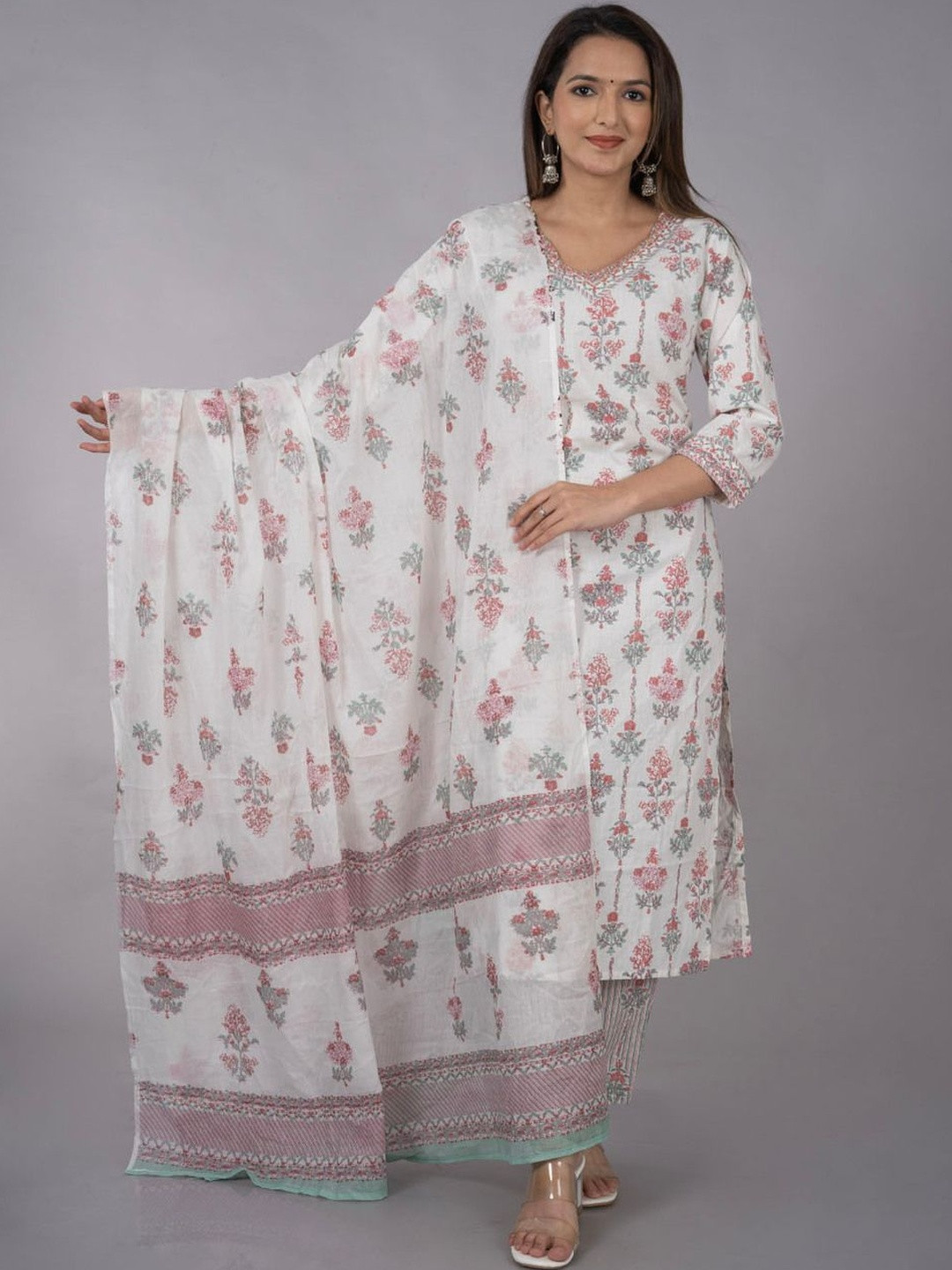 Gopi Prem Floral Printed V-Neck Pure Cotton Straight Kurta With Trousers & Dupatta