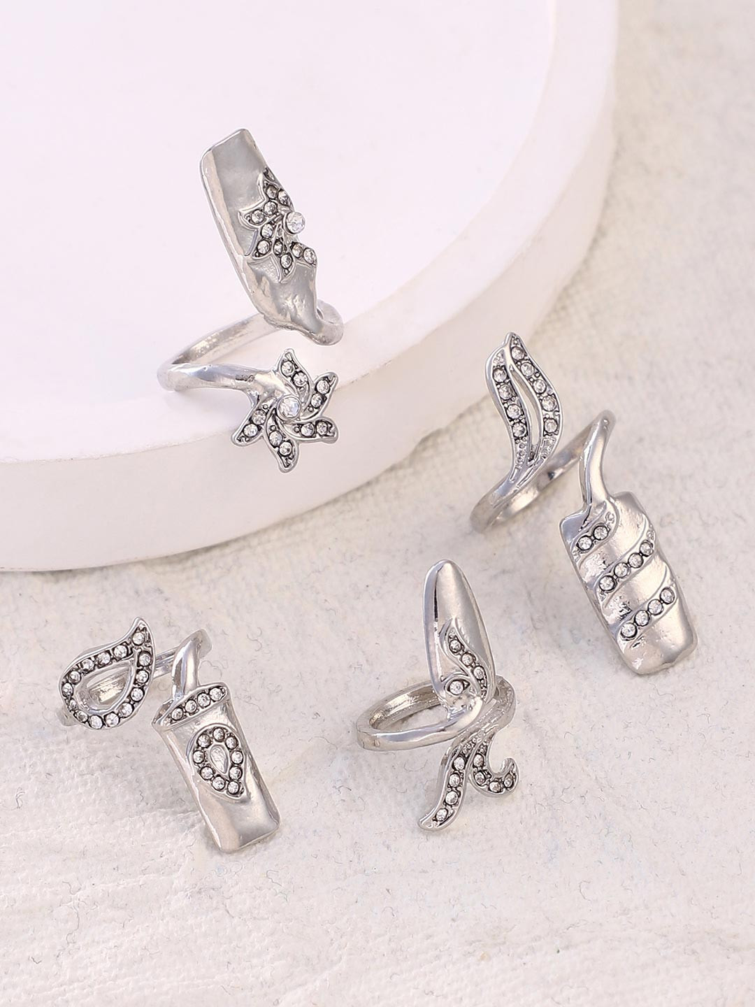 SOHI Set Of 4 Silver-Plated Stone Studded Botanic Nail Finger Rings