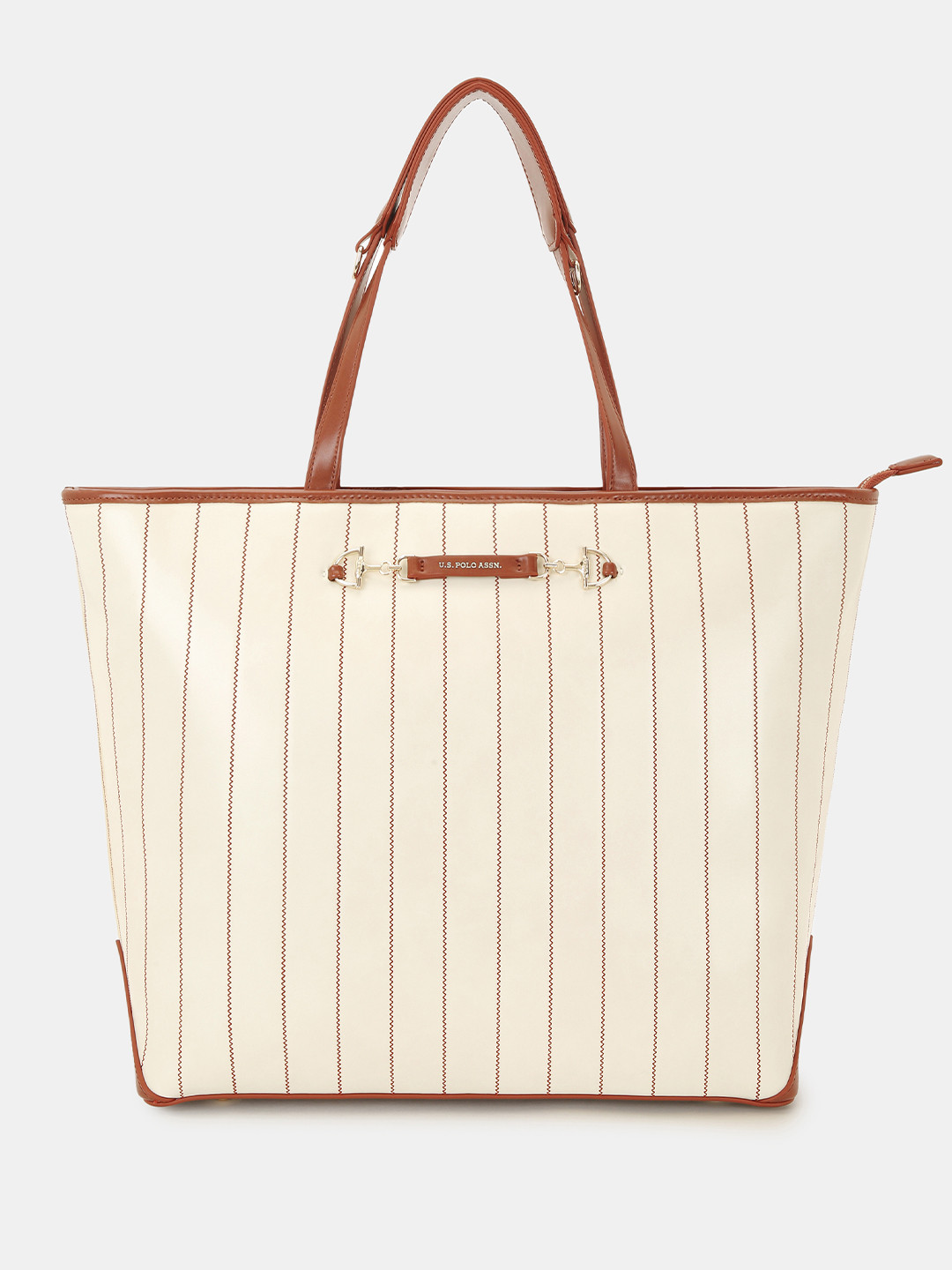 U.S. Polo Assn. Women Bunny Off White Striped Print Tote Bag with Shoulder Handle