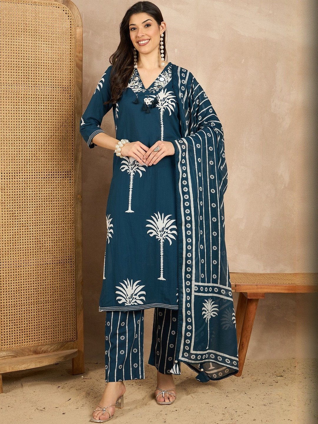 CHETI Women Printed Mirror Work Pure Cotton Straight Kurta with Trousers & Dupatta