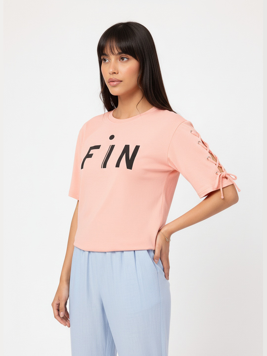 DressBerry Tik Talk Printed Lace-Up Sleeves T-shirt