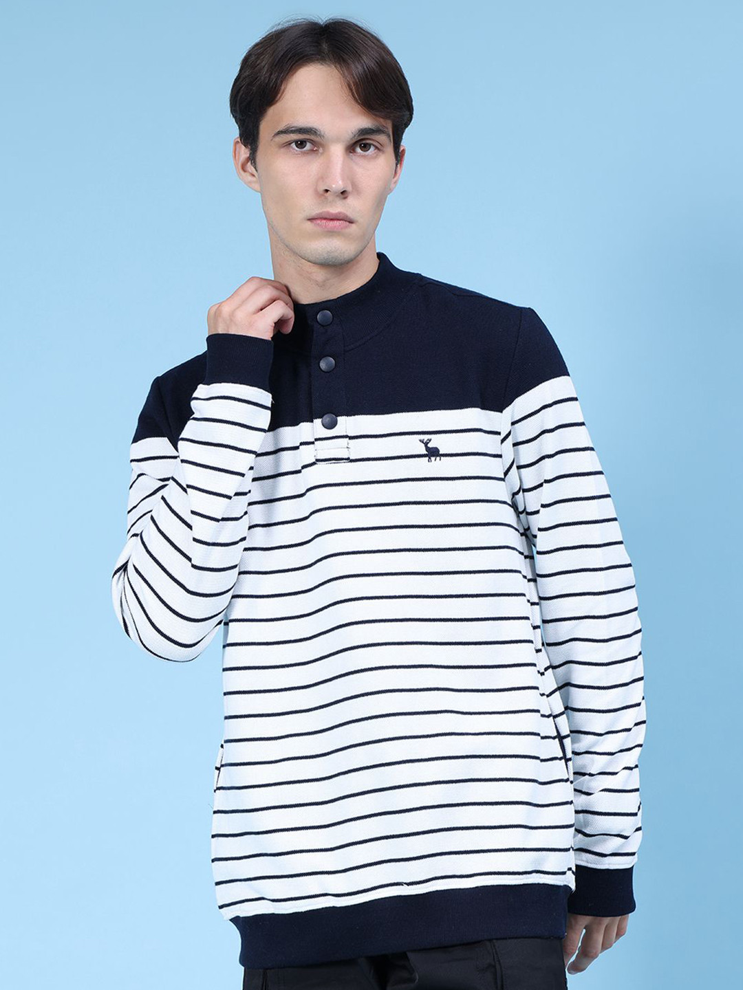 V-Mart Men Striped Henley Neck Long Sleeve Sweatshirt