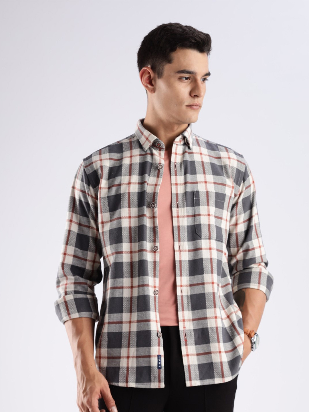 TURMS Men Casual Checks Cotton Odor Control Moisture Wicking Cool Tech Shirt