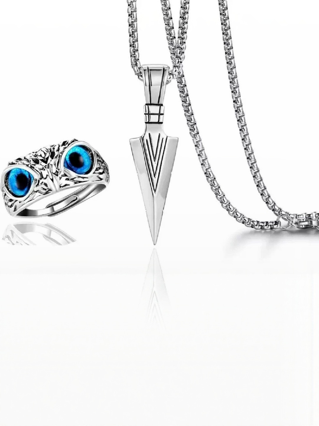 Vivity Unisex Silver-Plated Arrow Pendant and Owl Ring