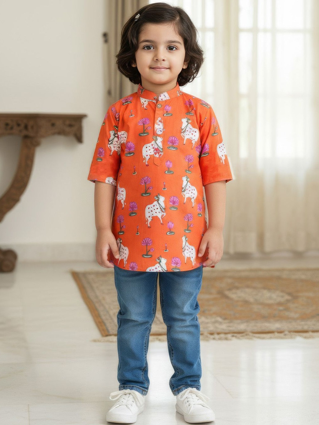 Sangria Boys Orange Cotton Pichwai Kurta Shirt