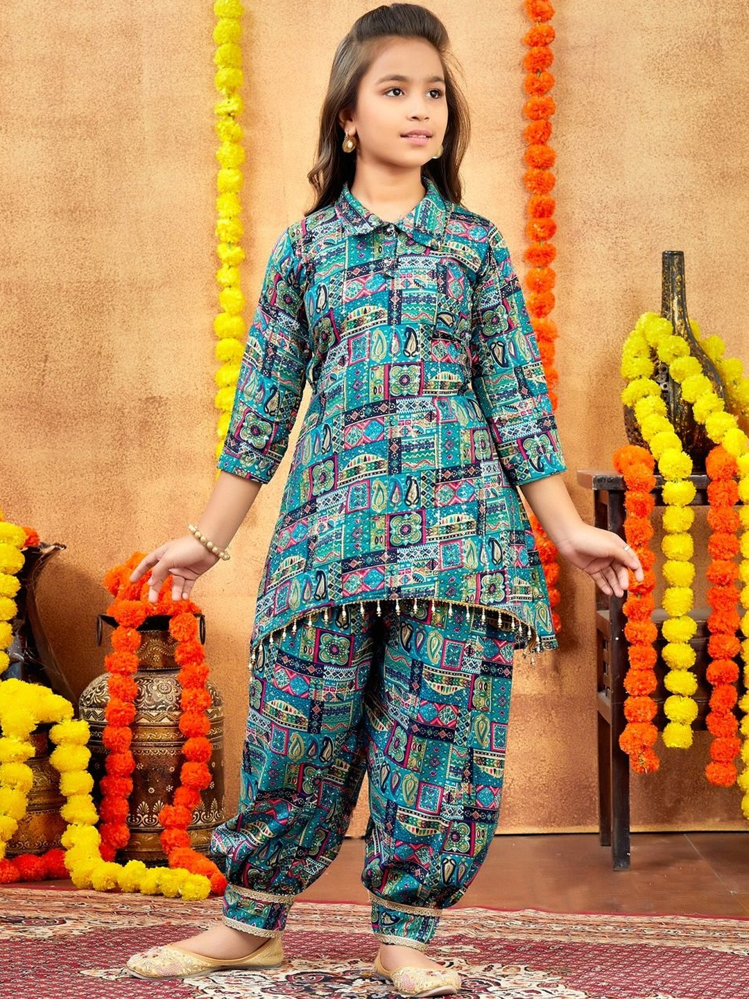 BAESD Girls Paisley Printed Shirt Collar A-Line Pure Cotton Kurta with Patiala