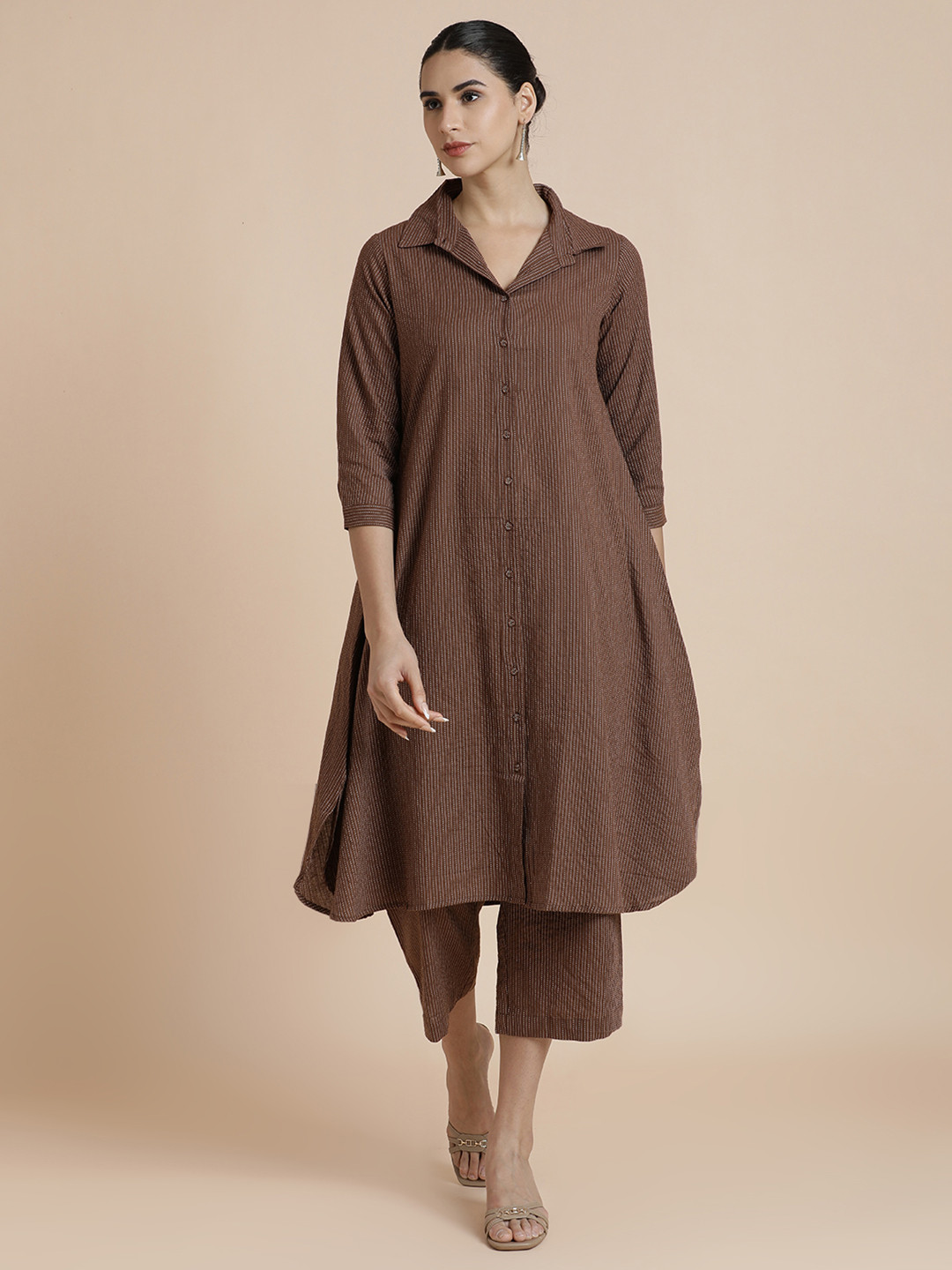 BLACK & BLAH BLAH Striped Shirt Collar Pure Cotton A-Line Kurta With Trousers