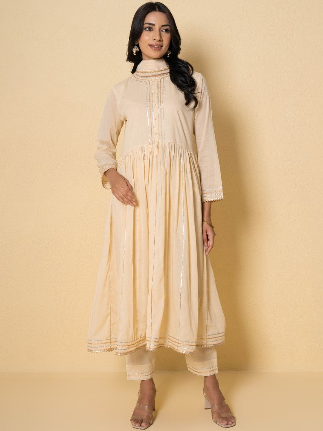 Pink Earth Women Solid Cotton Anarkali Kurta with Trousers & Dupatta