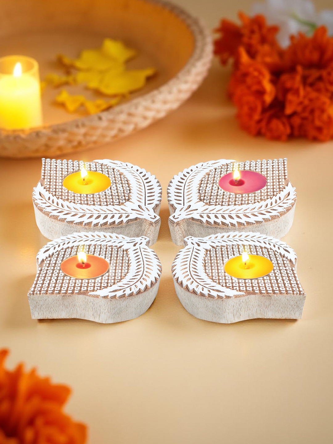 Golden Peacock Set of 4 Brown Leaf shaped Hand-Carved T-Light Candle Holder