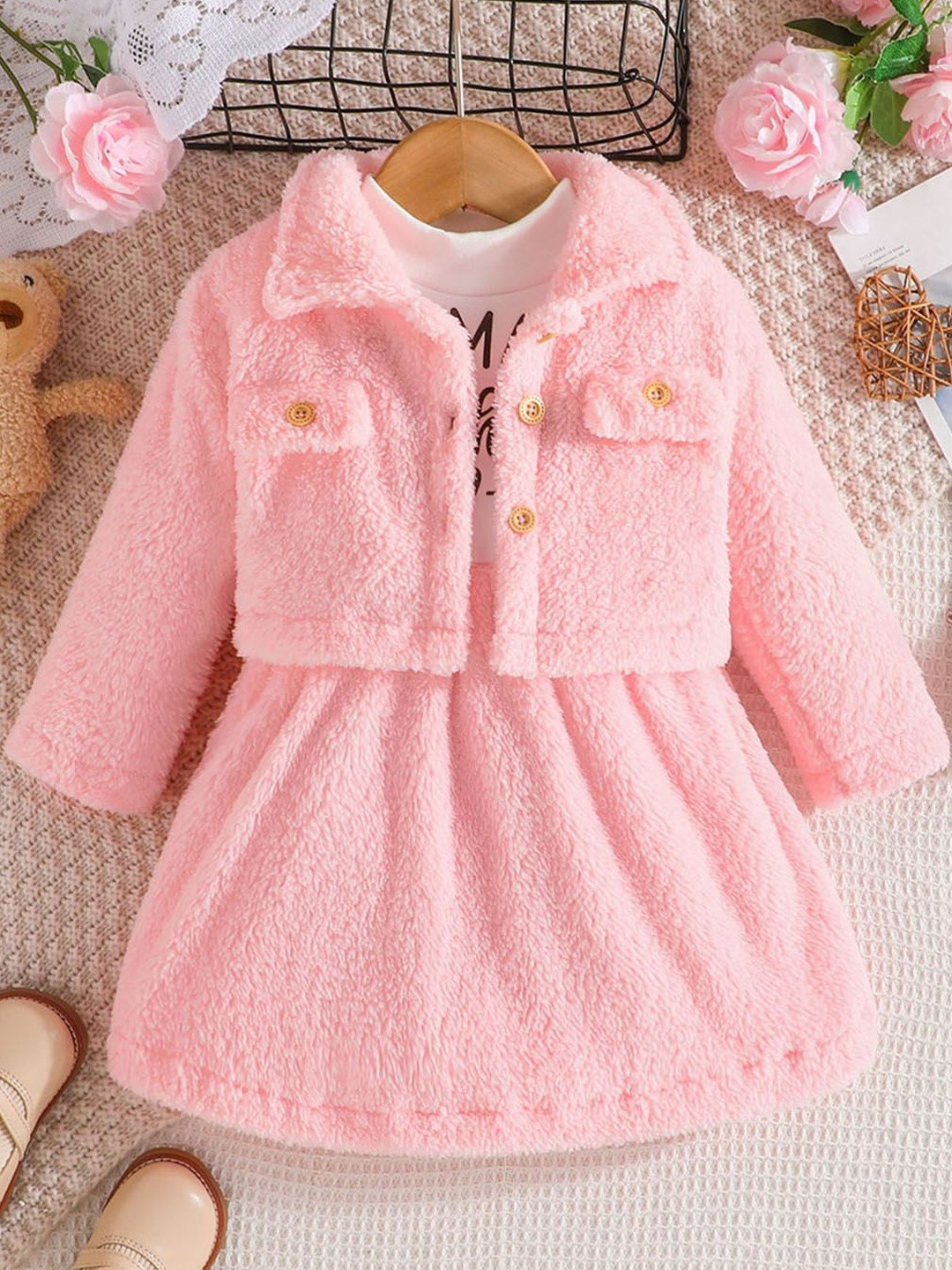 YK Girls Faux Fur High Neck Fit & Flare Dress With Jacket