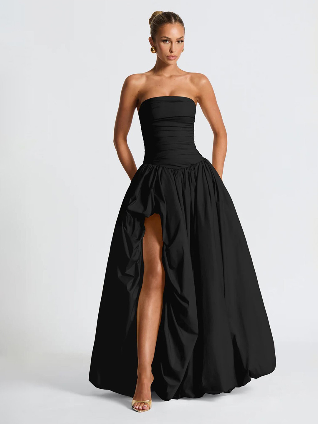 LULU & SKY Women Solid Asymmetric Strapless Bandeau Maxi Dress