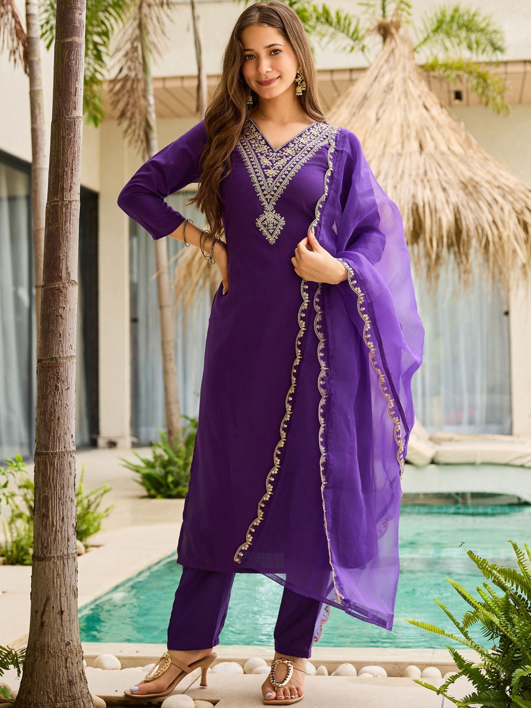 JISHNAM Ethnic Motifs Embroidered V-Neck Straight Kurta With Trouser & Dupatta