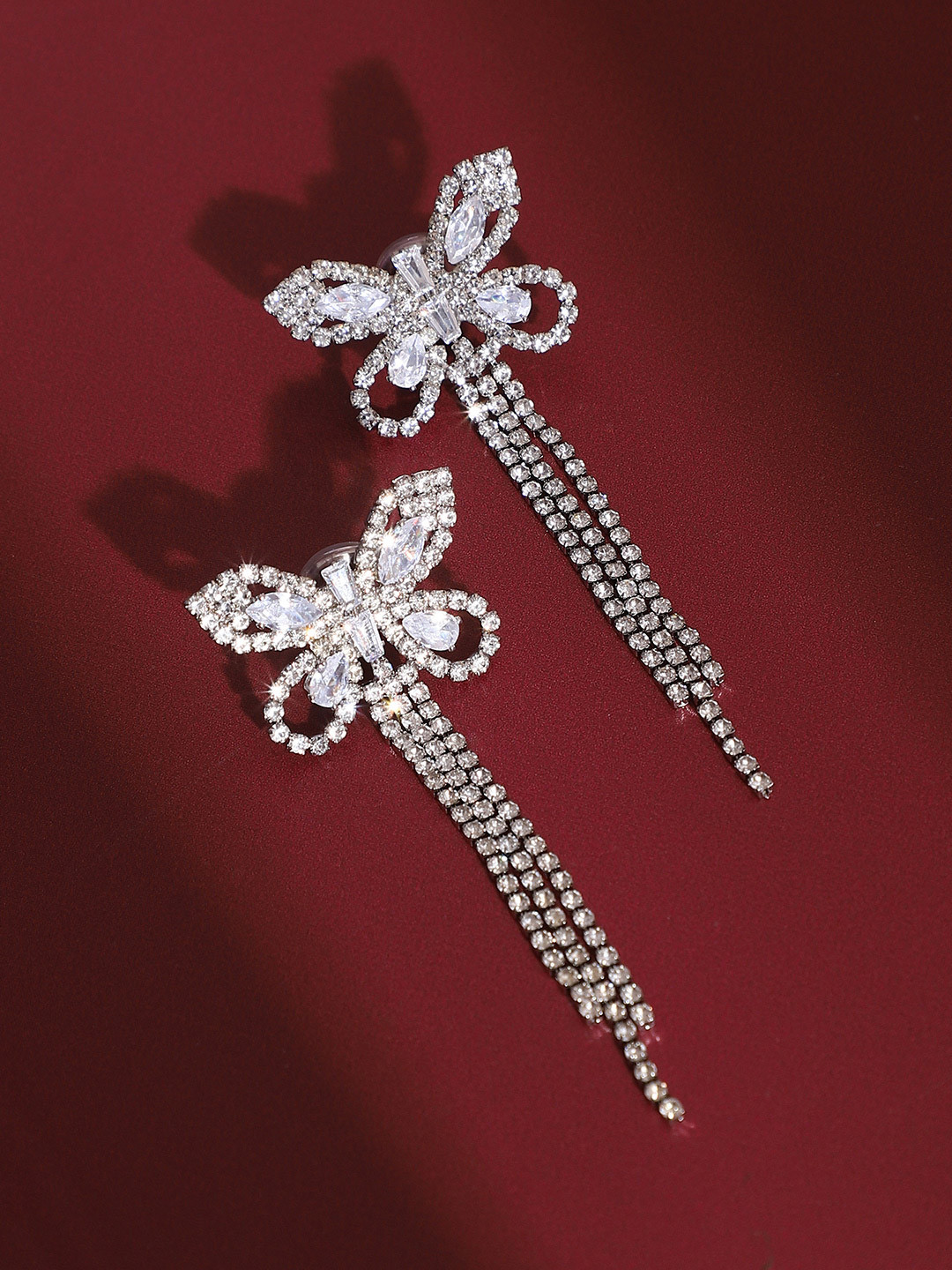 SOHI Silver-Plated Artificial Stones The Bijou-Papillon Butterfly Shaped Drop Earrings