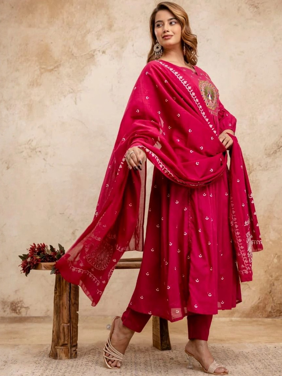 Labheshwari Ethnic Motifs Embroidered Panelled Thread Work Kurta & Trousers With Dupatta