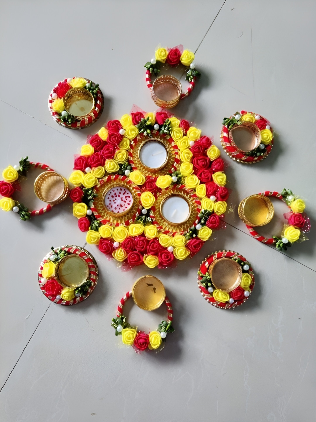 Sellplus Yellow & Red Decorative Flower With Moti Chudi Candle Holder