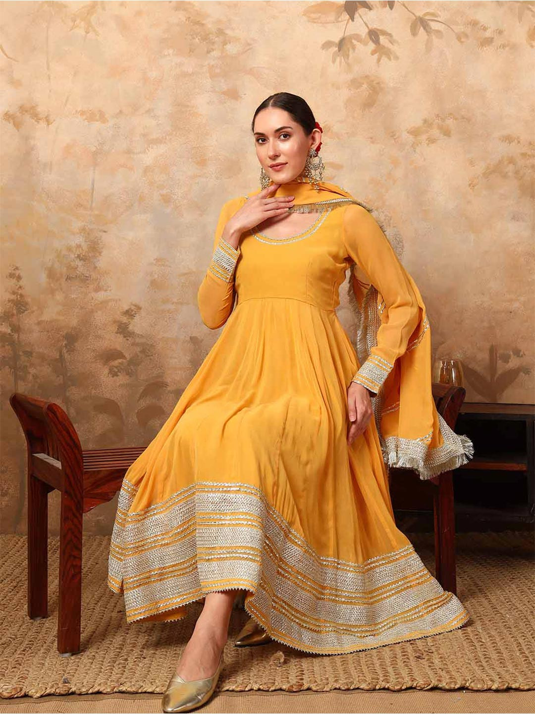 MAHUKAA Gotta Patti Lace Georgette Anarkali with Trousers And Dupatta