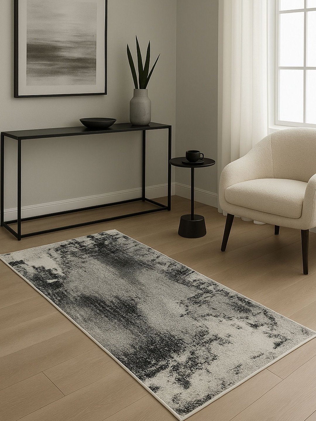 OBSESSIONS Cream-Colored & Grey Abstract Water-Repellant Resilient Bedside Runner
