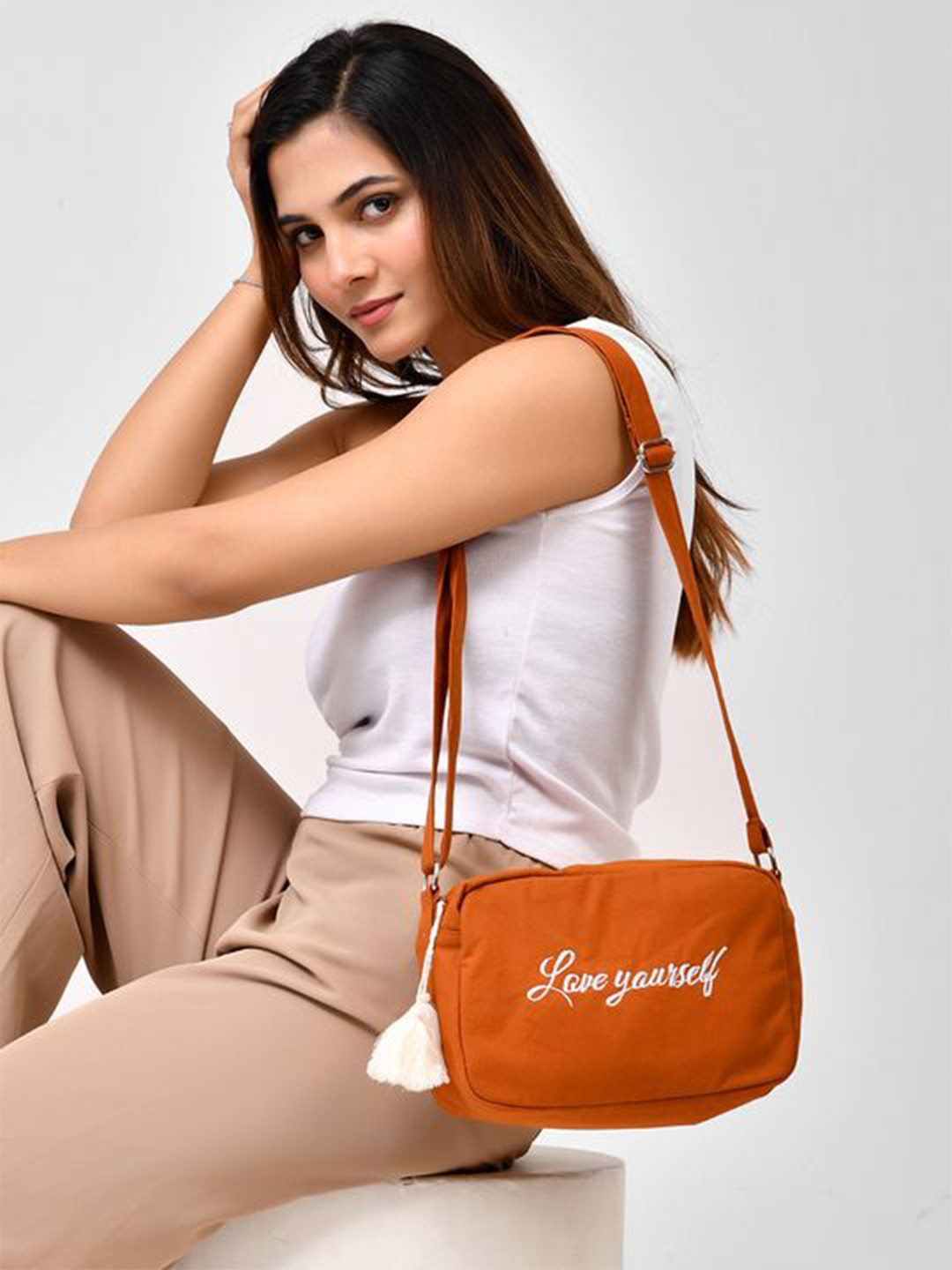 glitchez Women Typography Printed Structured Embroidered Shoulder Bag