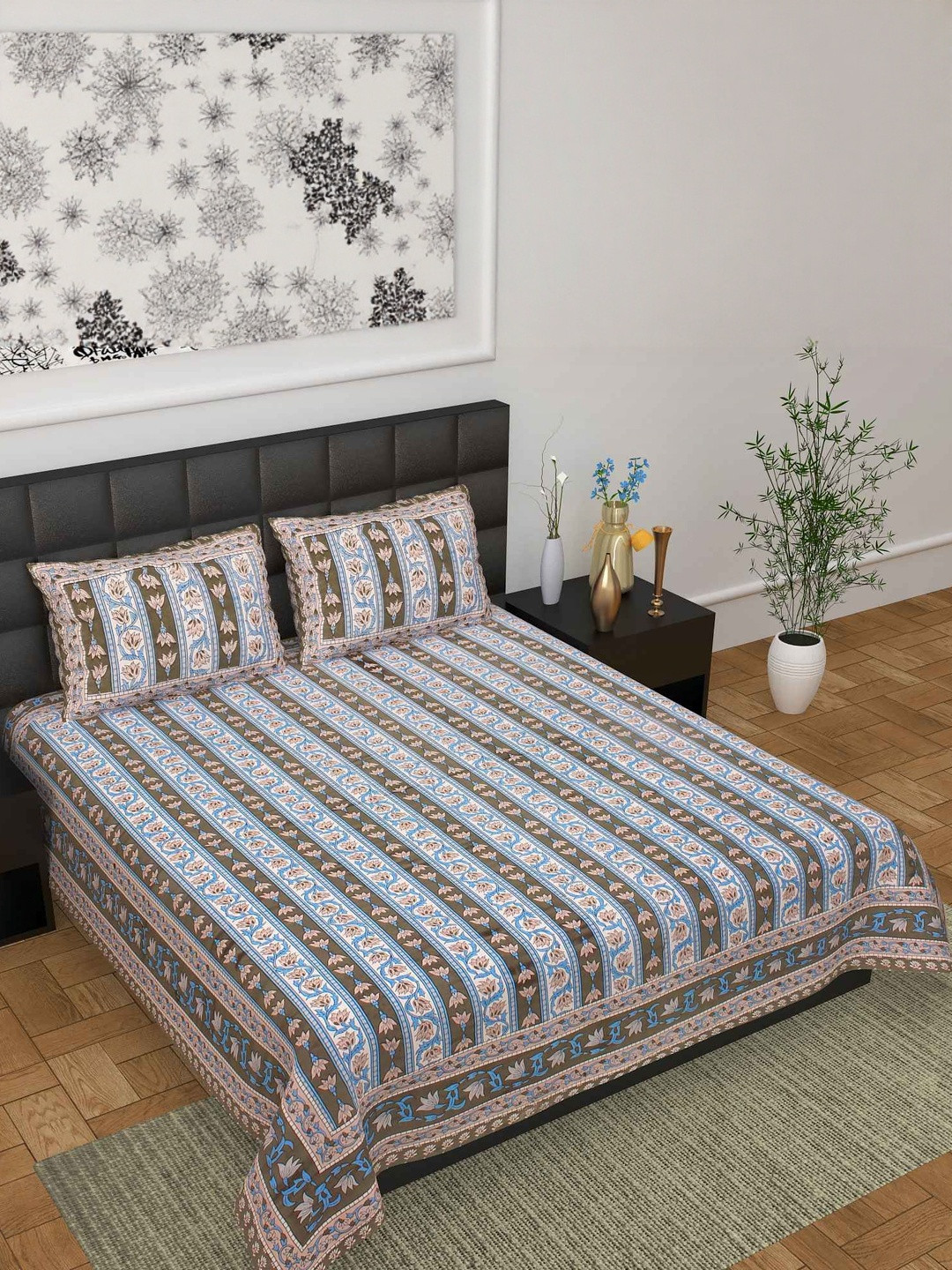 Salgia Blue Printed Cotton 210 TC Double King Bedsheets-107 X 93 Inch