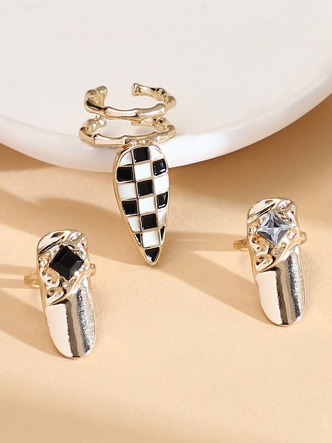 SOHI Set Of 3 Gold-Plated Stone Studded Bijou-Checks Nail Finger Rings
