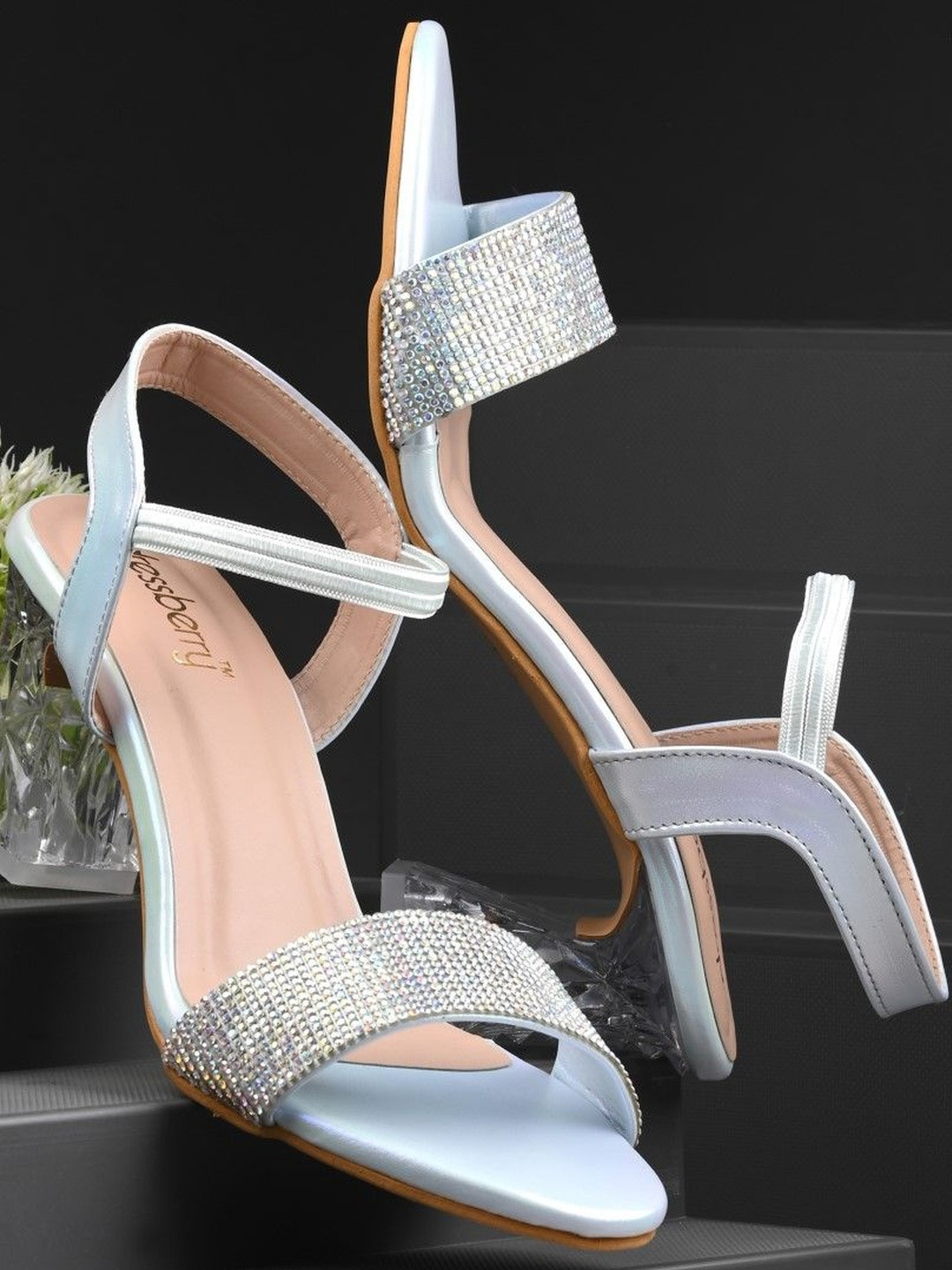 DressBerry Metallic Blue Embellished Open Toe Block Heels