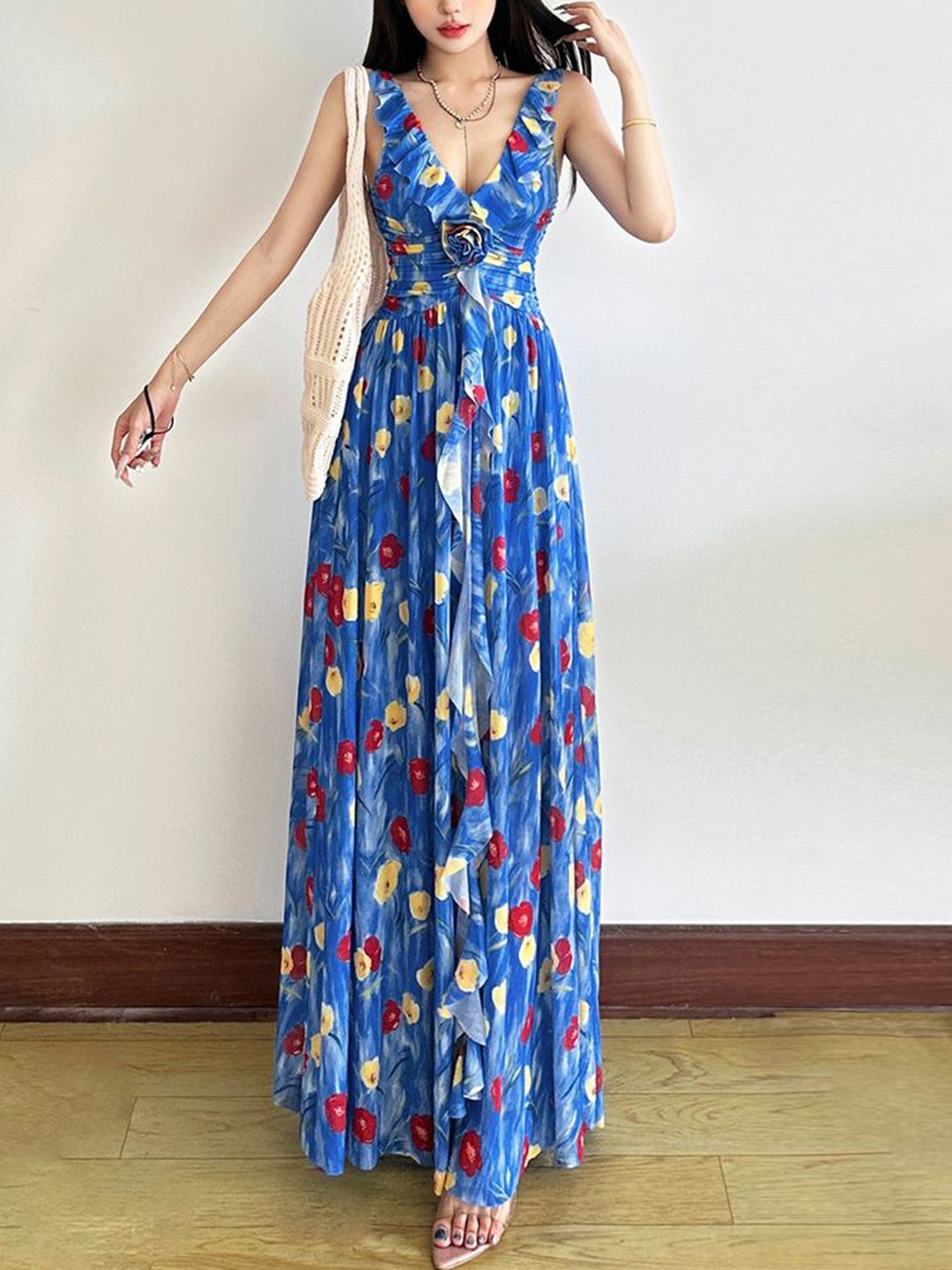 LULU & SKY Women Floral Printed Ruffle V-Neck Maxi Dress