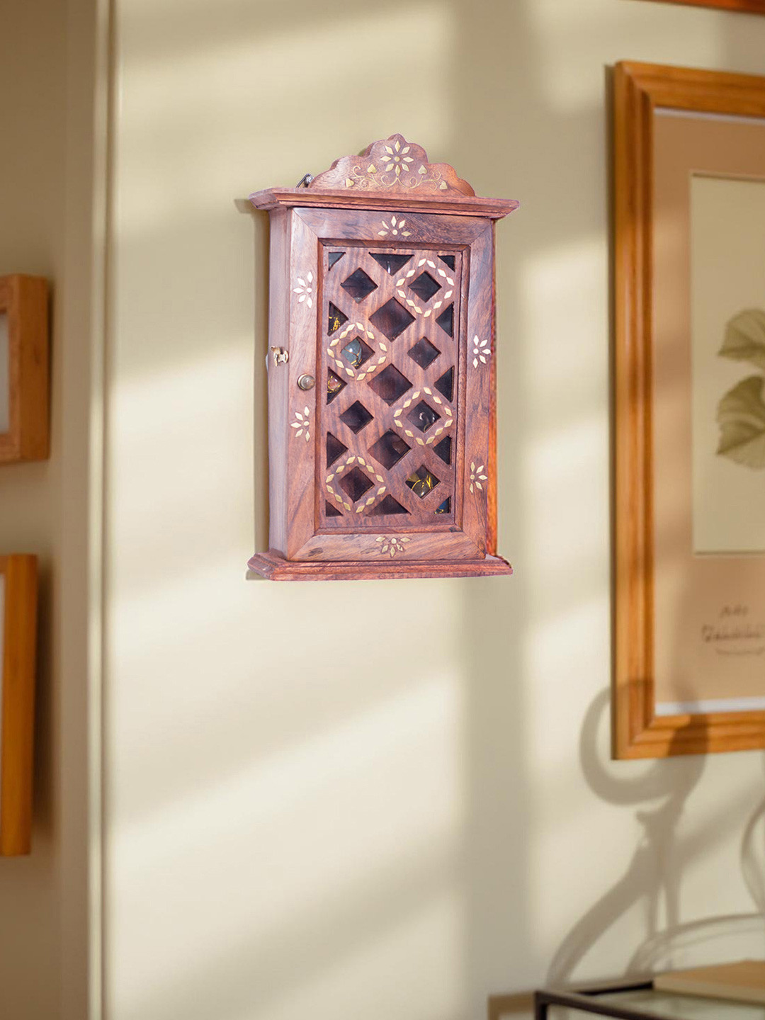 Golden Peacock Brown Sheesham Wood Wall Mounted Multi-Hook Organizer Key Holder