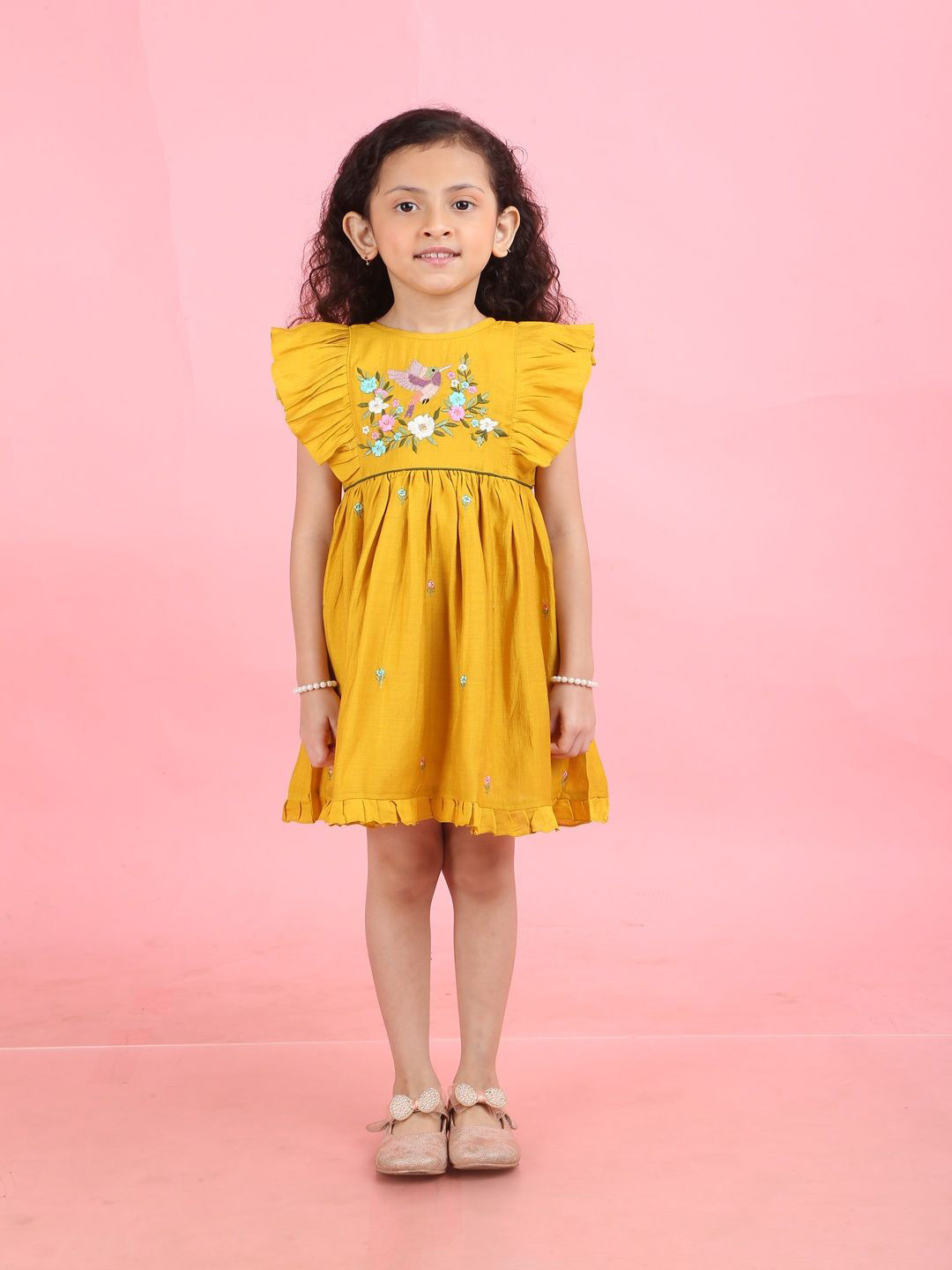 Vivedkids Girls Yellow Dress With Hand Embroidery
