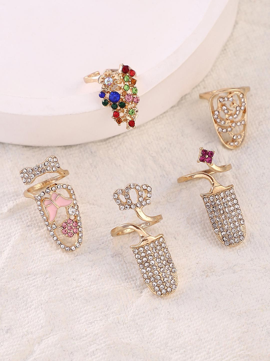 SOHI Set Of 5 Gold-Plated Stone Studded Regal Papillon Nail Finger Rings