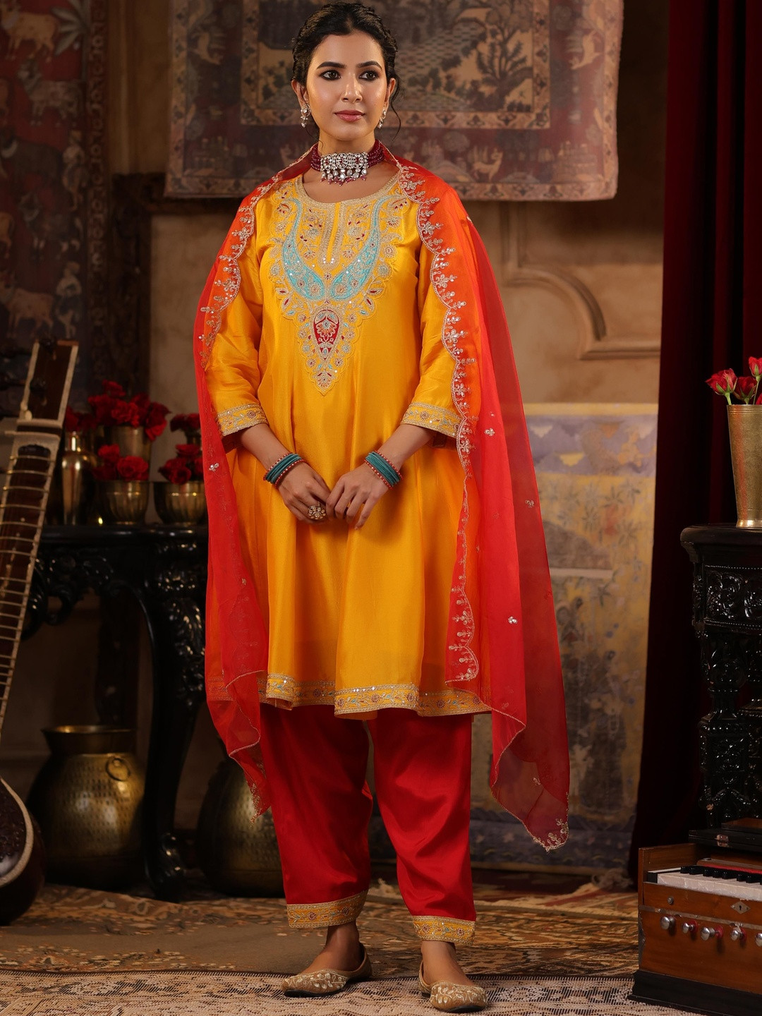 SCAKHI Women Mustard-Red Dupion Silk Dori Embroidered Anarkali Set